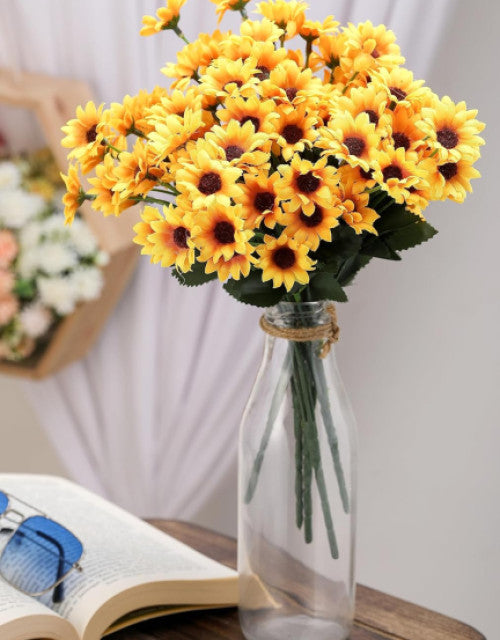 1 Pcs Artificial Sunflower Bunch, artificial pastoral flower for Bedroom, Living Room, Decorative Items, Office Table, Gifts (Without Vase Pot) (Yellow, Pack of 1)