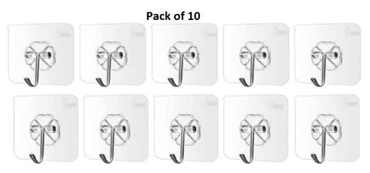 Self-Adhesive Wall Hooks, Heavy Duty Sticky Hooks for Hanging 10kg (max), Waterproof Transparent Hooks for Wall (Pack of 10)