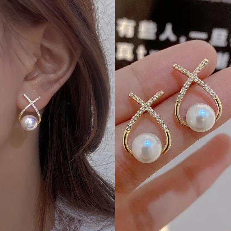 Korean Studded Cross Pearl Stud Earrings For Women And Girls 2 Pcs/Set