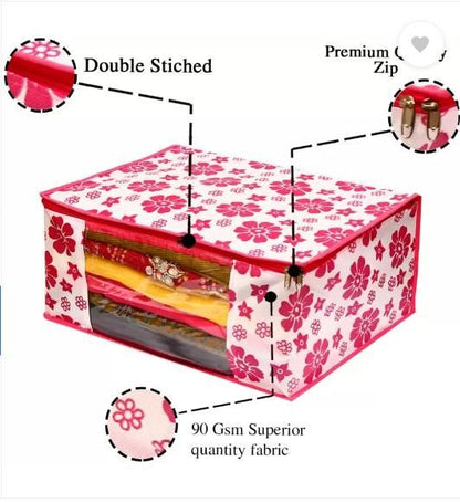 Polka Pink Flower Design Saree & Clothes Travel Bag – Pack of 3